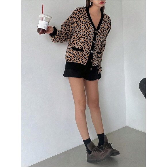 Women's Leopard Print Cardigan Long Sleeve V Neck Loose Sweater Outerwear - Picture 6 of 6